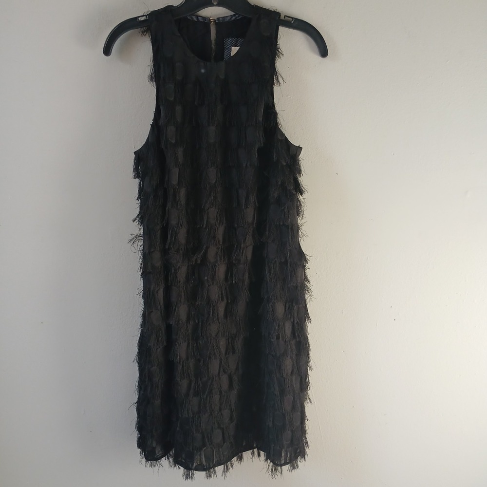 Anthropologie Women's Size 6 Roxie Textured Shift Mini Dress Fringe‎ Polka Dot